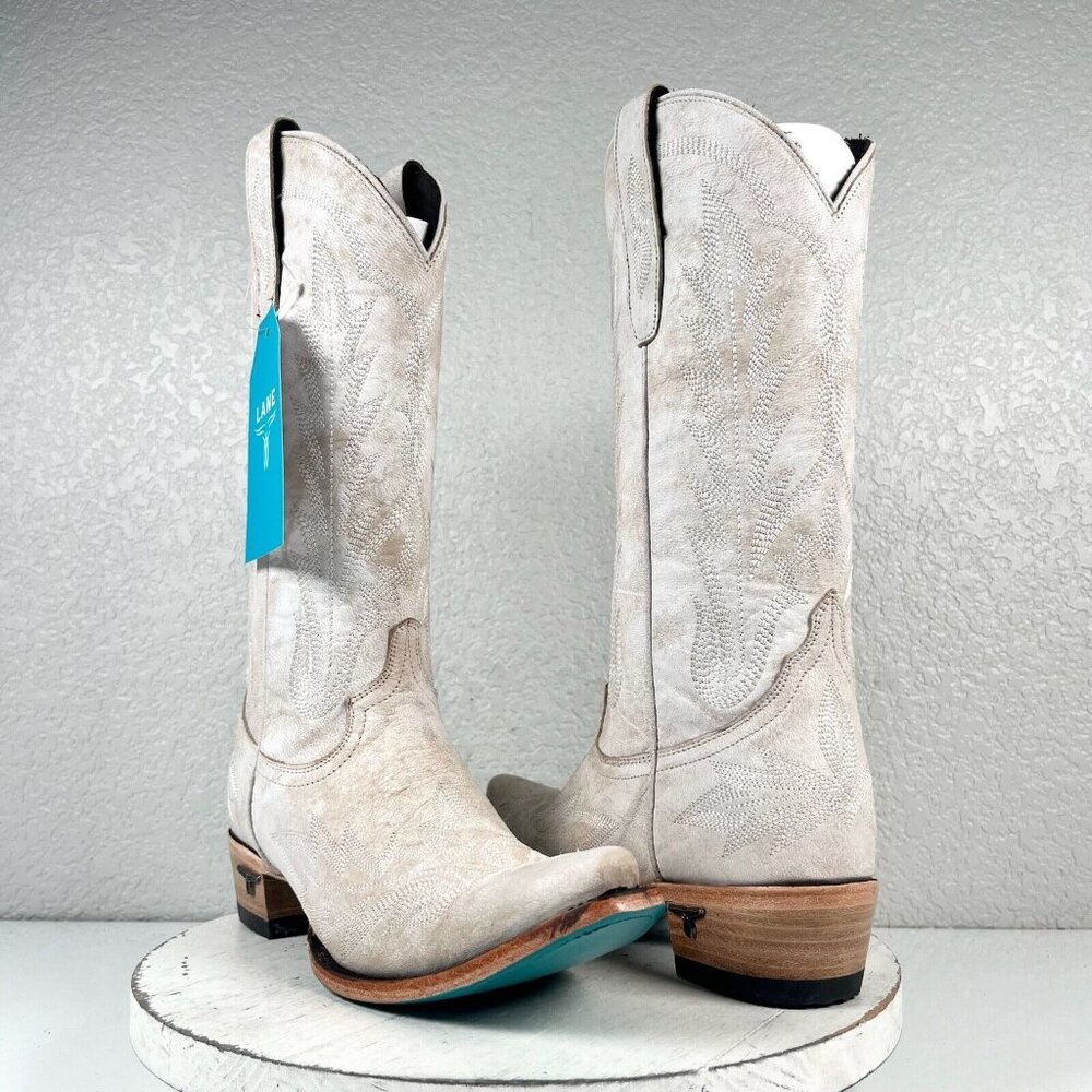 NEW Lane LEXINGTON White Cowboy Boots Womens 8 Leather Western Snip Toe 13" Tall